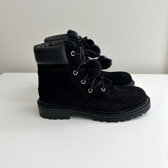 JIMMY CHOO Elba Black Leather Suede Pom Pom Flat Ankle Boots Size 38 - Picture 6 of 14